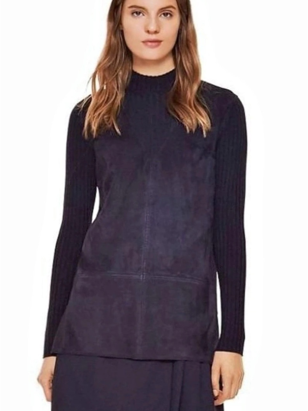Tory Burch leather front navy blue turtleneck sweater, S